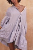 Chouyatou Women's Summer Puff Sleeve Tiered Tunic Babydoll Dress Cute Mini Button Down Shirt Dress