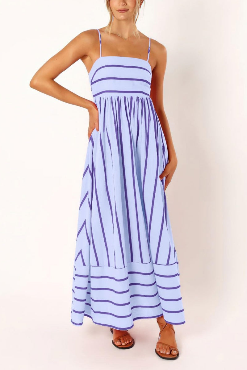 Chouyatou Women's Striped Back Smocked Maxi Dress Sexy Spaghetti Strap Cut Out Flowy Swing Long Dress