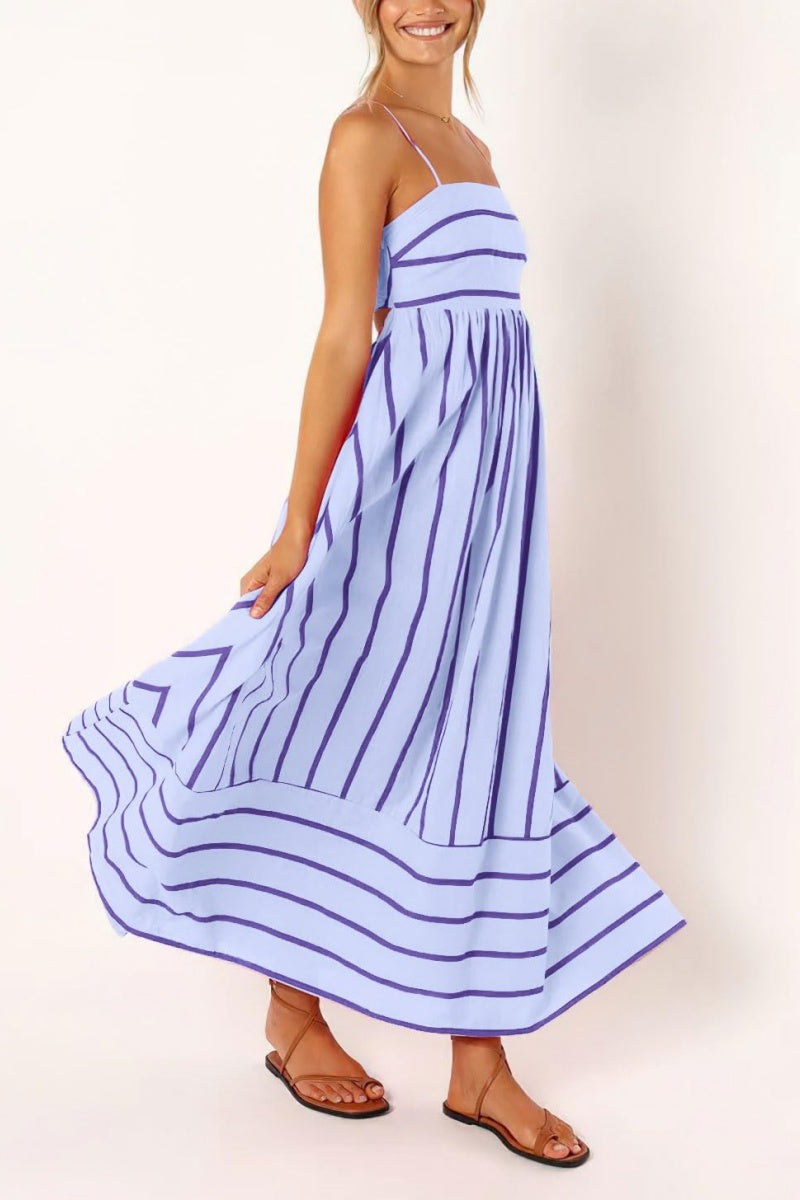 Chouyatou Women's Striped Back Smocked Maxi Dress Sexy Spaghetti Strap Cut Out Flowy Swing Long Dress