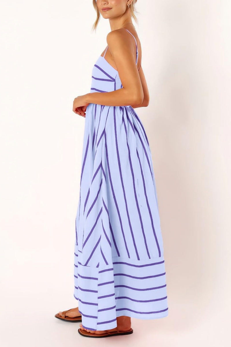 Chouyatou Women's Striped Back Smocked Maxi Dress Sexy Spaghetti Strap Cut Out Flowy Swing Long Dress