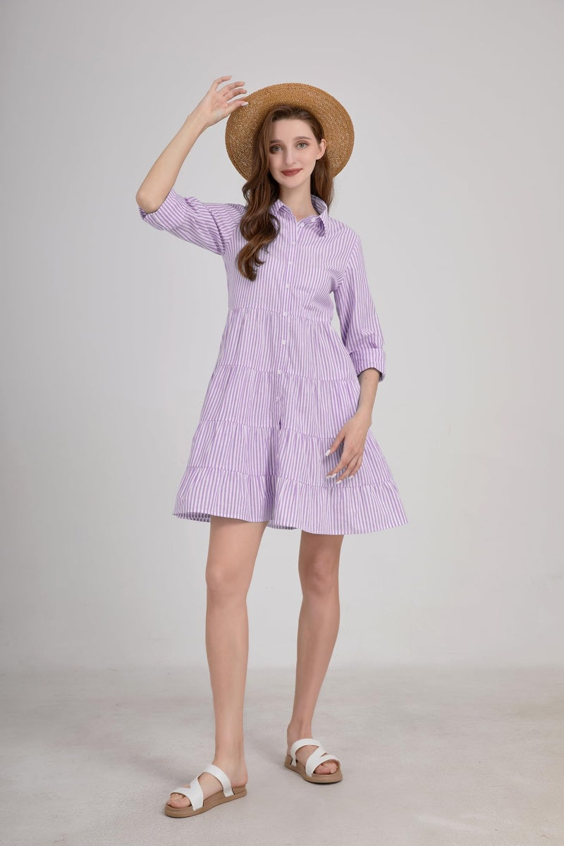 Chouyatou Womens Striped Button Down Midi Shirt Dress Casual Loose Cuffed Long Sleeve Mid Long Dresses