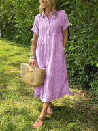 Chouyatou Women's Summer Striped Midi Long Shirt Dress Casual Loose Short Sleeve Button Down Dress