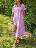 CHOUYATOU Women's Summer Striped Midi Long Shirt Dress Casual Loose Short Sleeve Button Down Dress