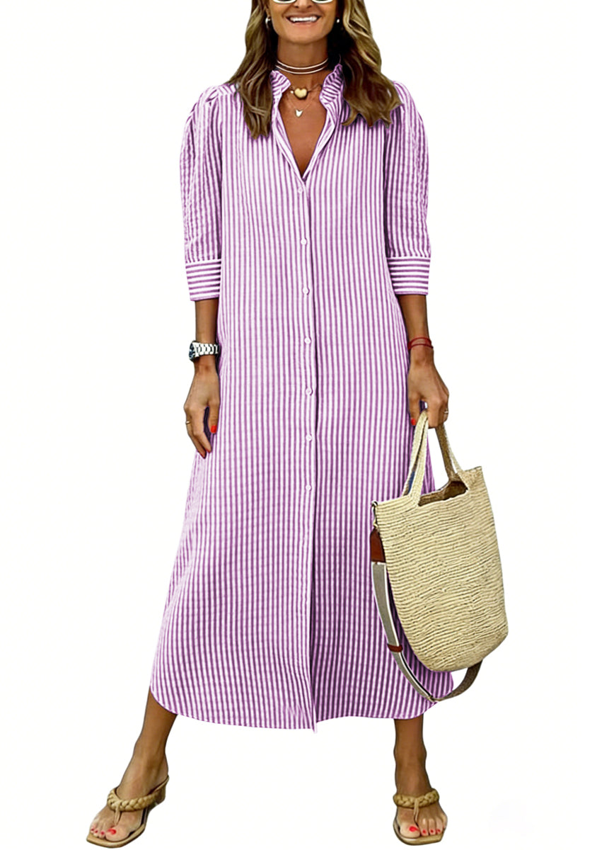 Chouyatou Women's Summer 3/4 Sleeve Striped Maxi Long Shirt Dress Boho Ruffled Button Down Beach Dress