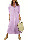 CHOUYATOU Women's Summer 3/4 Sleeve Striped Maxi Long Shirt Dress Boho Ruffled Button Down Beach Dress