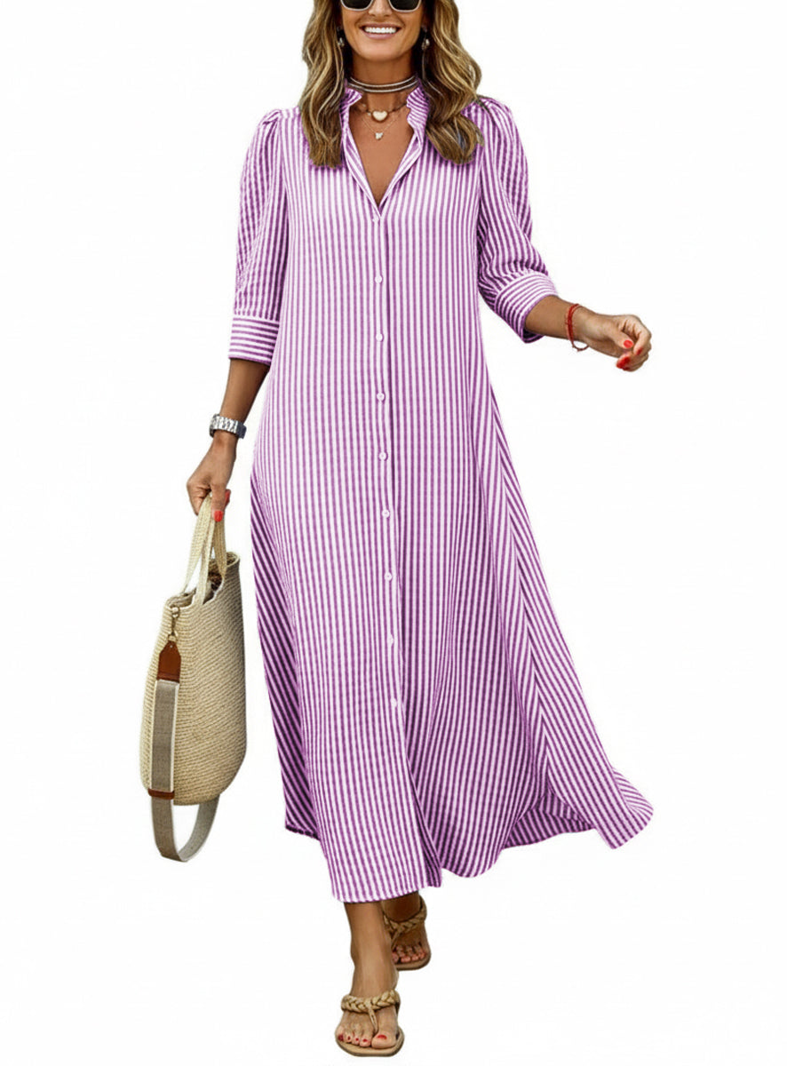 Chouyatou Women's Summer 3/4 Sleeve Striped Maxi Long Shirt Dress Boho Ruffled Button Down Beach Dress