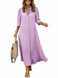 CHOUYATOU Women's Summer 3/4 Sleeve Striped Maxi Long Shirt Dress Boho Ruffled Button Down Beach Dress
