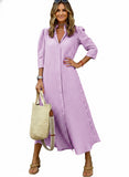 CHOUYATOU Women's Summer 3/4 Sleeve Striped Maxi Long Shirt Dress Boho Ruffled Button Down Beach Dress
