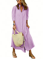 Chouyatou Women's Summer 3/4 Sleeve Striped Maxi Long Shirt Dress Boho Ruffled Button Down Beach Dress