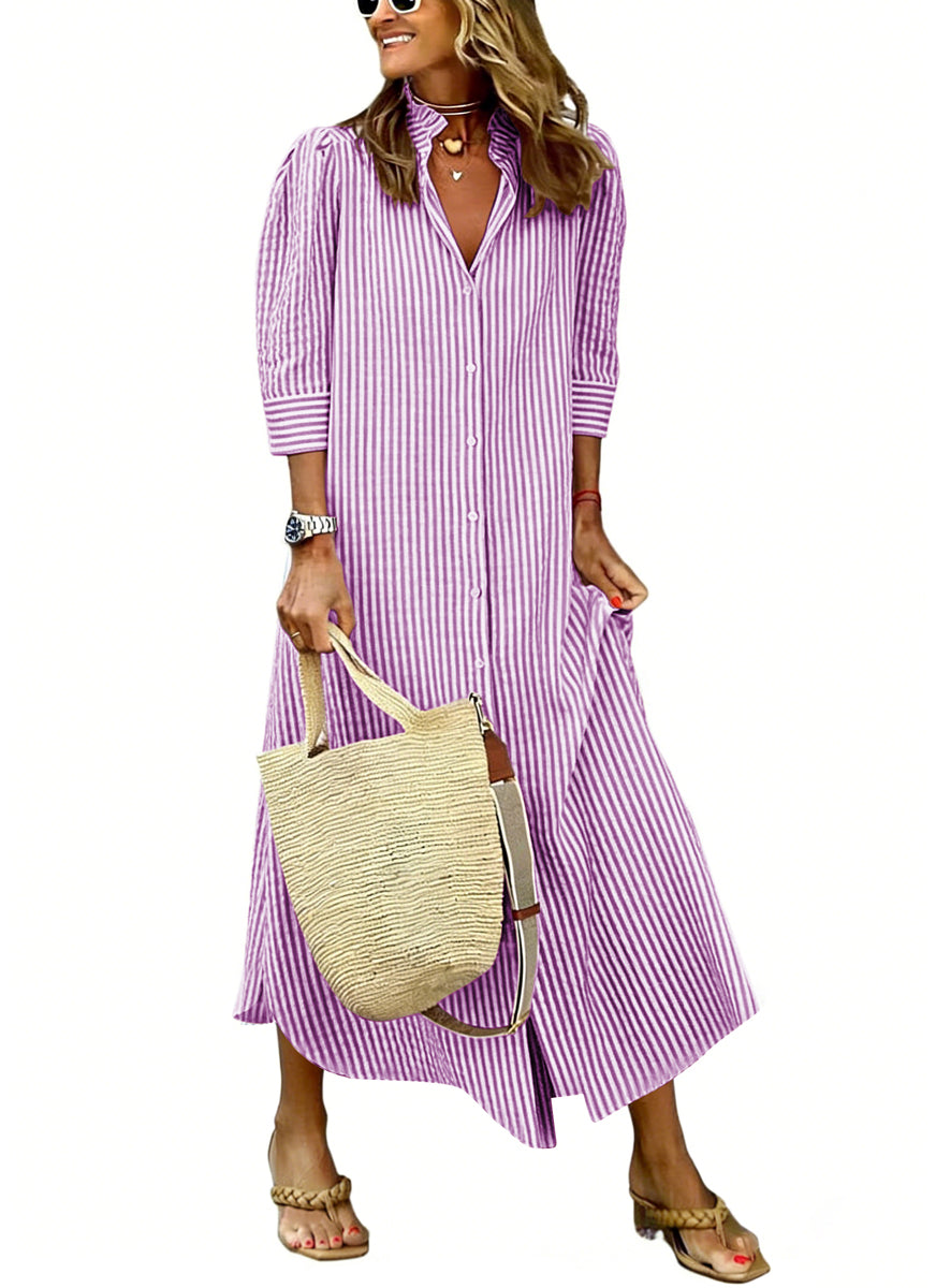 Chouyatou Women's Summer 3/4 Sleeve Striped Maxi Long Shirt Dress Boho Ruffled Button Down Beach Dress