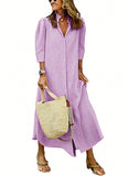 CHOUYATOU Women's Summer 3/4 Sleeve Striped Maxi Long Shirt Dress Boho Ruffled Button Down Beach Dress