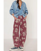 Chouyatou Women Y2k Distressed Barrel Jeans Baggy Wide Leg Jeans Floral Printed Boyfriend Patchwork Denim Pants