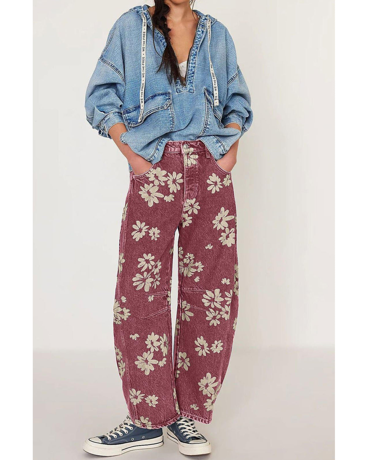 Chouyatou Women Y2k Distressed Barrel Jeans Baggy Wide Leg Jeans Floral Printed Boyfriend Patchwork Denim Pants