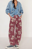 Chouyatou Women Y2k Distressed Barrel Jeans Baggy Wide Leg Jeans Floral Printed Boyfriend Patchwork Denim Pants