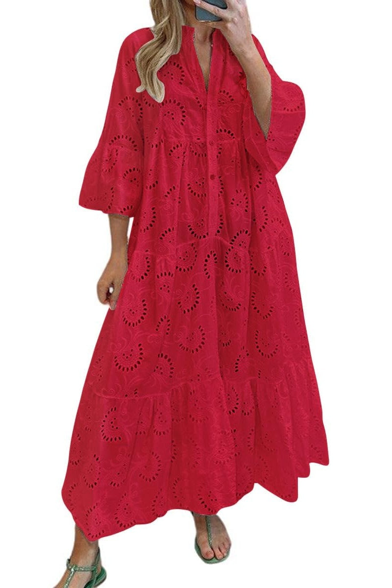 Chouyatou Women's Lace Eyelet Embroidery Maxi Dress V-Neck Trumpet Sleeve Boho Flowy Swing Dress