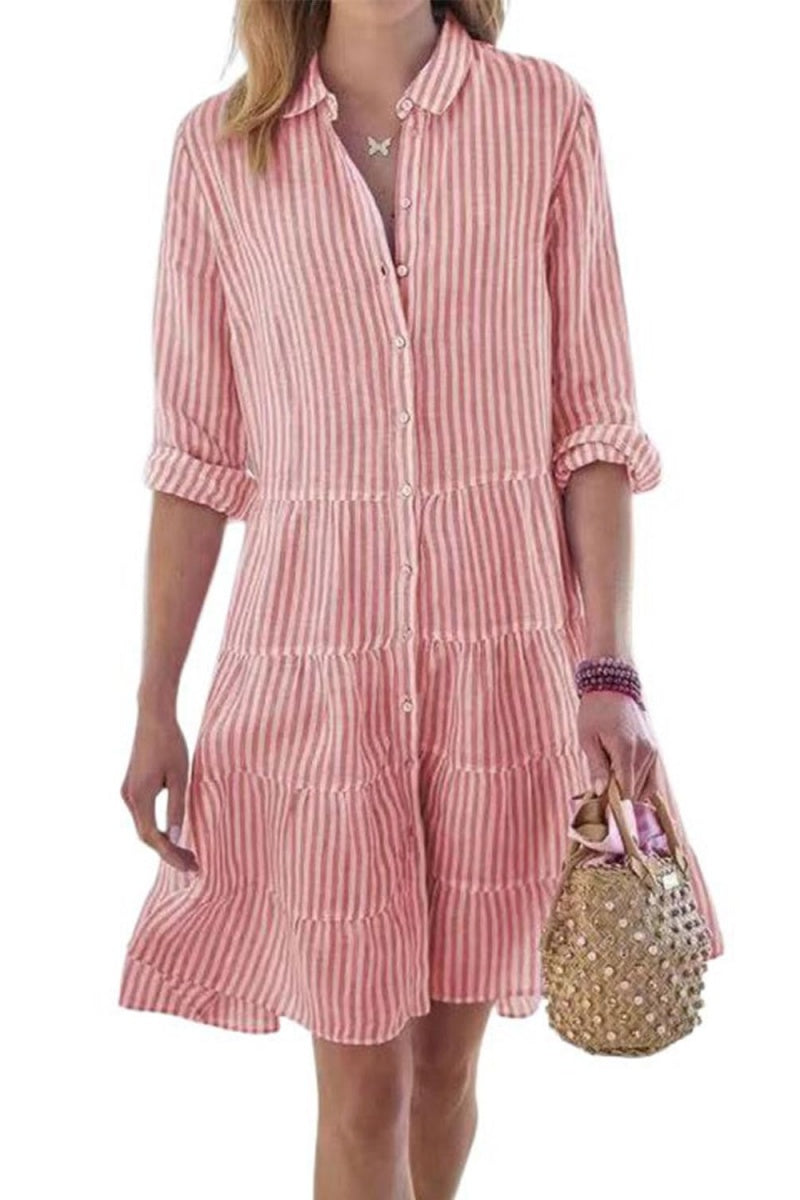 Chouyatou Womens Striped Button Down Midi Shirt Dress Casual Loose Cuffed Long Sleeve Mid Long Dresses