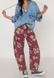 Chouyatou Women Y2k Distressed Barrel Jeans Baggy Wide Leg Jeans Floral Printed Boyfriend Patchwork Denim Pants
