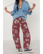 Chouyatou Women Y2k Distressed Barrel Jeans Baggy Wide Leg Jeans Floral Printed Boyfriend Patchwork Denim Pants