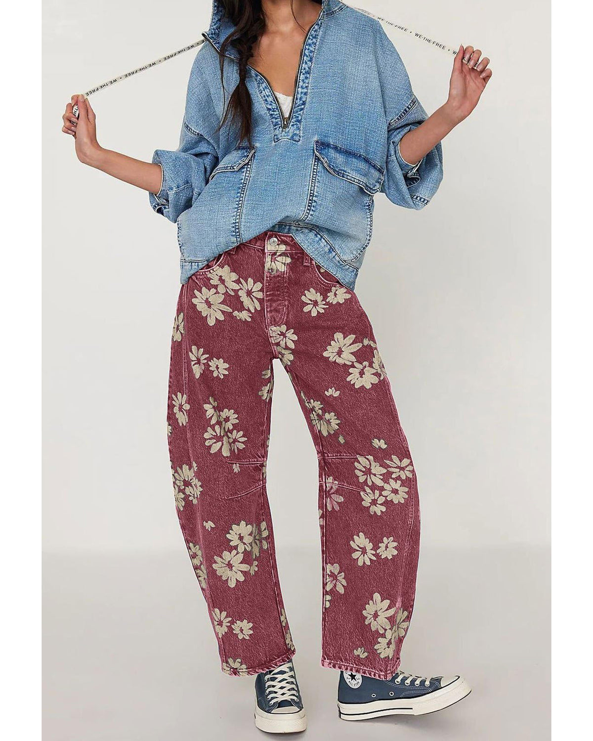 Chouyatou Women Y2k Distressed Barrel Jeans Baggy Wide Leg Jeans Floral Printed Boyfriend Patchwork Denim Pants