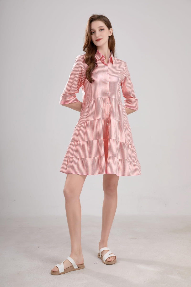 Chouyatou Womens Striped Button Down Midi Shirt Dress Casual Loose Cuffed Long Sleeve Mid Long Dresses