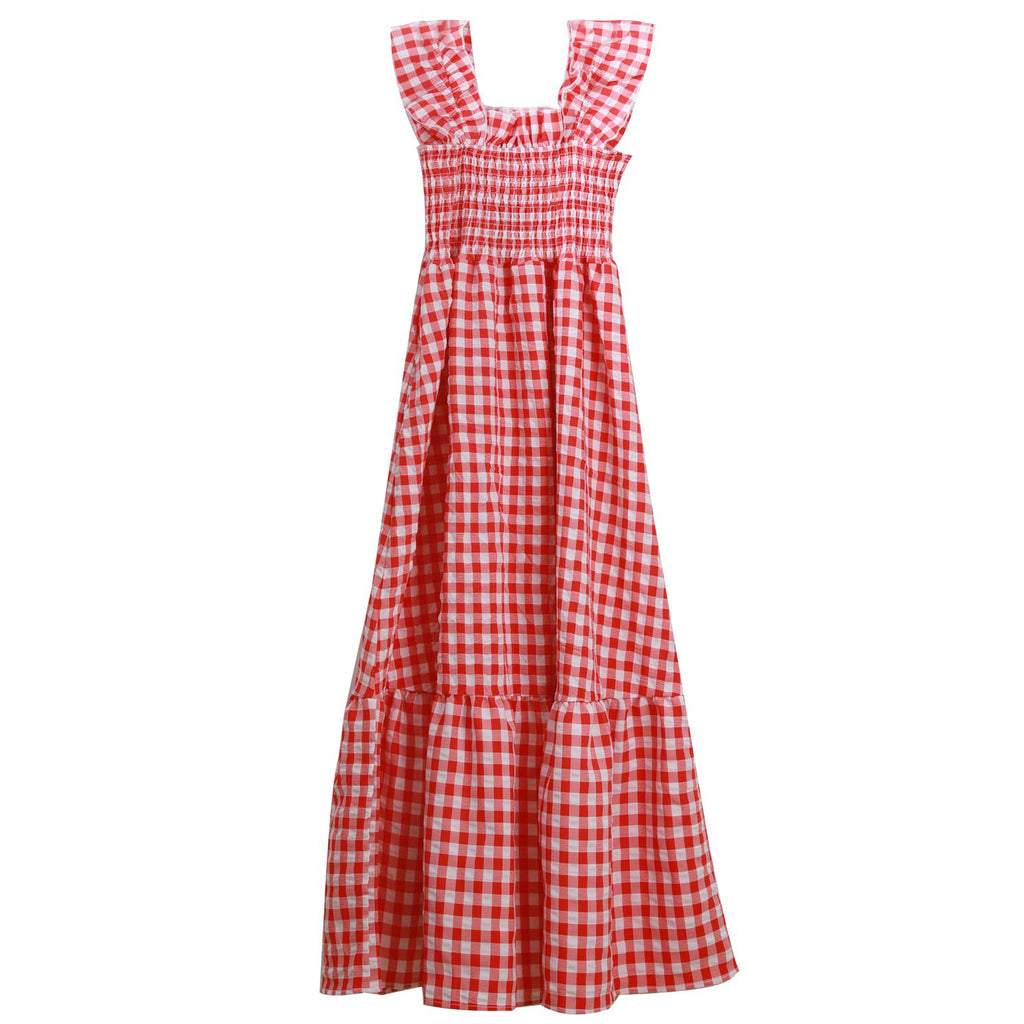 Chouyatou Women's Retro Plaid Smocked Dress Spaghetti Strap Flounce Long Dress