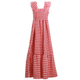 Chouyatou Women's Retro Plaid Smocked Dress Spaghetti Strap Flounce Long Dress