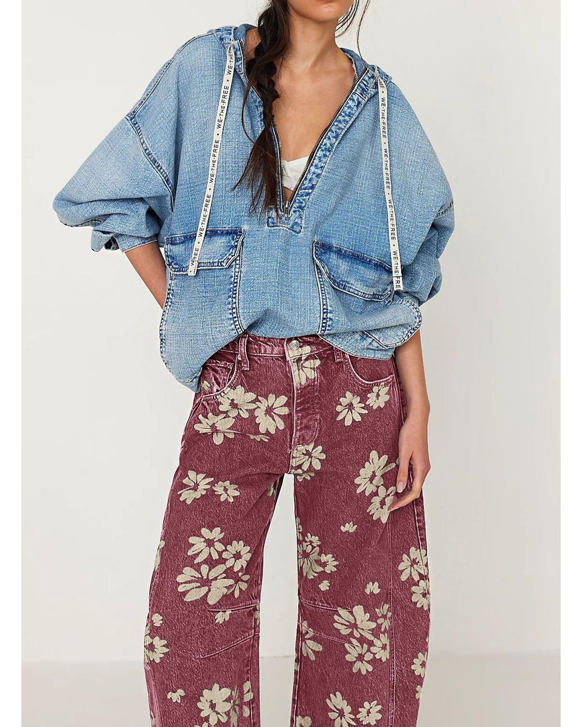 Chouyatou Women Y2k Distressed Barrel Jeans Baggy Wide Leg Jeans Floral Printed Boyfriend Patchwork Denim Pants