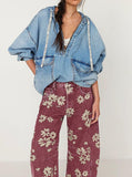 Chouyatou Women Y2k Distressed Barrel Jeans Baggy Wide Leg Jeans Floral Printed Boyfriend Patchwork Denim Pants