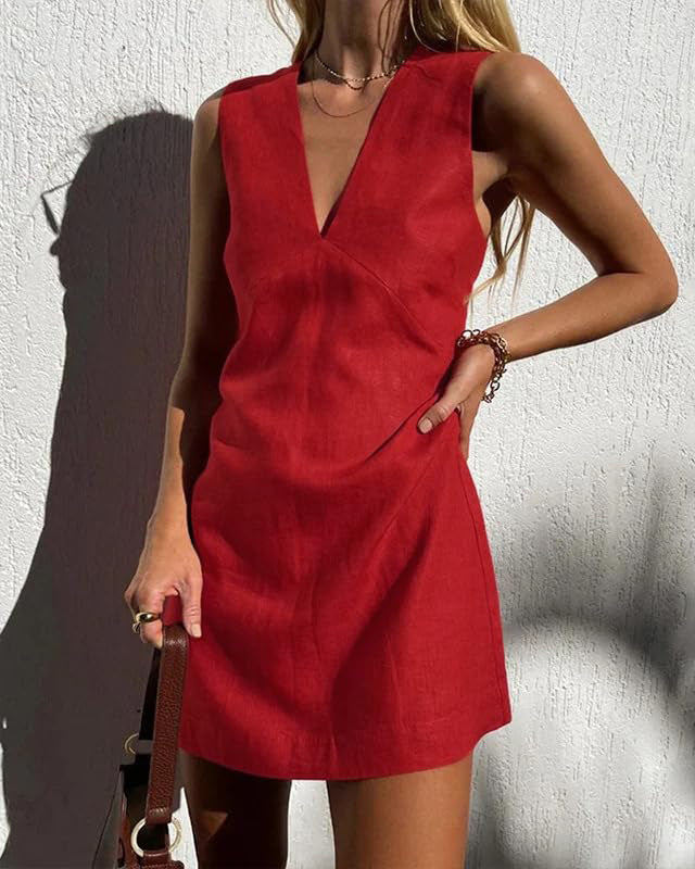 Chouyatou Women's Summer Sleeveless Mini Dress Cotton Linen V Neck Cinched A Line Slim Tank Short Dress