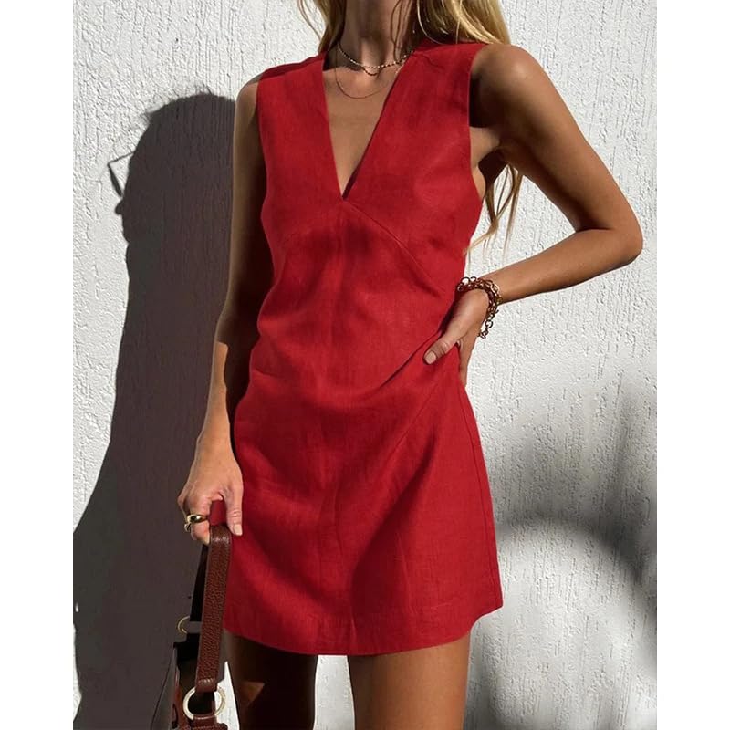 Chouyatou Women's Summer Sleeveless Mini Dress Cotton Linen V Neck Cin CHOUYATOU Chouyatou Women's Summer Sleeveless Mini Dress Cotton Linen V Neck Cin CHOUYATOU