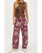 Chouyatou Women Y2k Distressed Barrel Jeans Baggy Wide Leg Jeans Floral Printed Boyfriend Patchwork Denim Pants