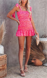 Chouyatou Women's Summer Floral Spaghetti Strap Square Neck Ruffle Tie Mini Smocked Dress