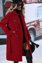 Chouyatou Womens Long Wool Pea Coat Notched Lapel Double Breasted Trench Coat Winter Warm Overcoat with Belt