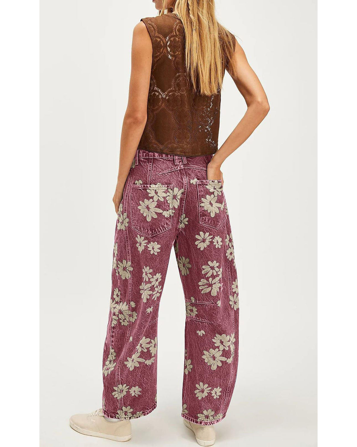 Chouyatou Women Y2k Distressed Barrel Jeans Baggy Wide Leg Jeans Floral Printed Boyfriend Patchwork Denim Pants