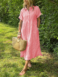 CHOUYATOU Women's Summer Striped Midi Long Shirt Dress Casual Loose Short Sleeve Button Down Dress