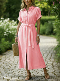 CHOUYATOU Women's Summer Boho Belted Striped Shirt Dress Casual Loose Short Sleeve Midi Long Beach Dress