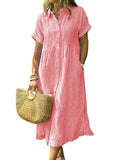 CHOUYATOU Women's Summer Striped Midi Long Shirt Dress Casual Loose Short Sleeve Button Down Dress