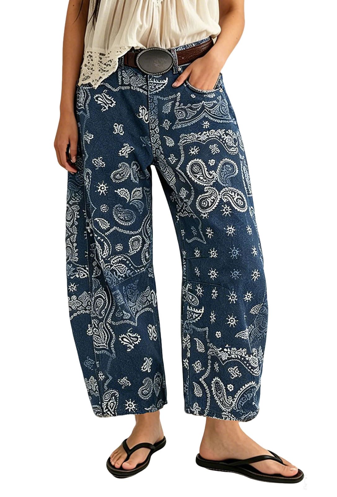 Chouyatou Women Boyfriend Baggy Barrel Jeans Floral Print Denim Ankle Pants Wide Leg Mid Rise Jeans Sweatpants Y2k Patchwork
