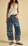 chouyatou Women Boyfriend Baggy Barrel Jeans Floral Print Denim Ankle Pants Wide Leg Mid Rise Jeans Sweatpants Y2k Patchwork