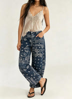 Chouyatou Women Boyfriend Baggy Barrel Jeans Floral Print Denim Ankle Pants Wide Leg Mid Rise Jeans Sweatpants Y2k Patchwork
