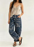 chouyatou Women Boyfriend Baggy Barrel Jeans Floral Print Denim Ankle Pants Wide Leg Mid Rise Jeans Sweatpants Y2k Patchwork