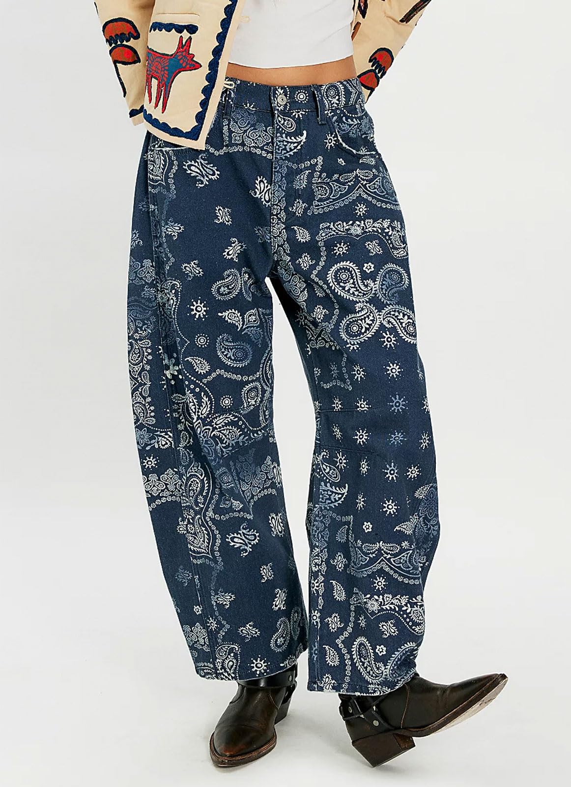 Chouyatou Women Boyfriend Baggy Barrel Jeans Floral Print Denim Ankle Pants Wide Leg Mid Rise Jeans Sweatpants Y2k Patchwork