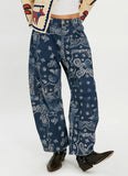 chouyatou Women Boyfriend Baggy Barrel Jeans Floral Print Denim Ankle Pants Wide Leg Mid Rise Jeans Sweatpants Y2k Patchwork