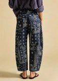 chouyatou Women Boyfriend Baggy Barrel Jeans Floral Print Denim Ankle Pants Wide Leg Mid Rise Jeans Sweatpants Y2k Patchwork