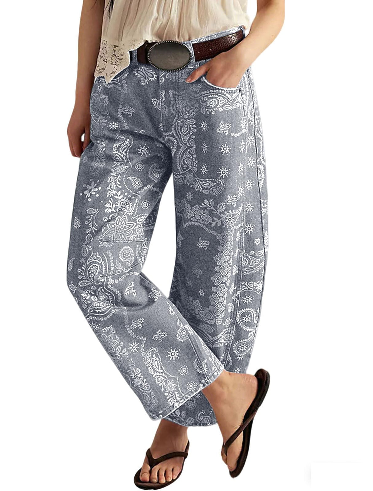 Chouyatou Women Boyfriend Baggy Barrel Jeans Floral Print Denim Ankle Pants Wide Leg Mid Rise Jeans Sweatpants Y2k Patchwork