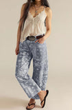 chouyatou Women Boyfriend Baggy Barrel Jeans Floral Print Denim Ankle Pants Wide Leg Mid Rise Jeans Sweatpants Y2k Patchwork