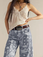Chouyatou Women Boyfriend Baggy Barrel Jeans Floral Print Denim Ankle Pants Wide Leg Mid Rise Jeans Sweatpants Y2k Patchwork