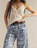 chouyatou Women Boyfriend Baggy Barrel Jeans Floral Print Denim Ankle Pants Wide Leg Mid Rise Jeans Sweatpants Y2k Patchwork