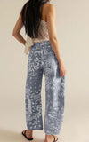 chouyatou Women Boyfriend Baggy Barrel Jeans Floral Print Denim Ankle Pants Wide Leg Mid Rise Jeans Sweatpants Y2k Patchwork