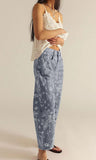 chouyatou Women Boyfriend Baggy Barrel Jeans Floral Print Denim Ankle Pants Wide Leg Mid Rise Jeans Sweatpants Y2k Patchwork